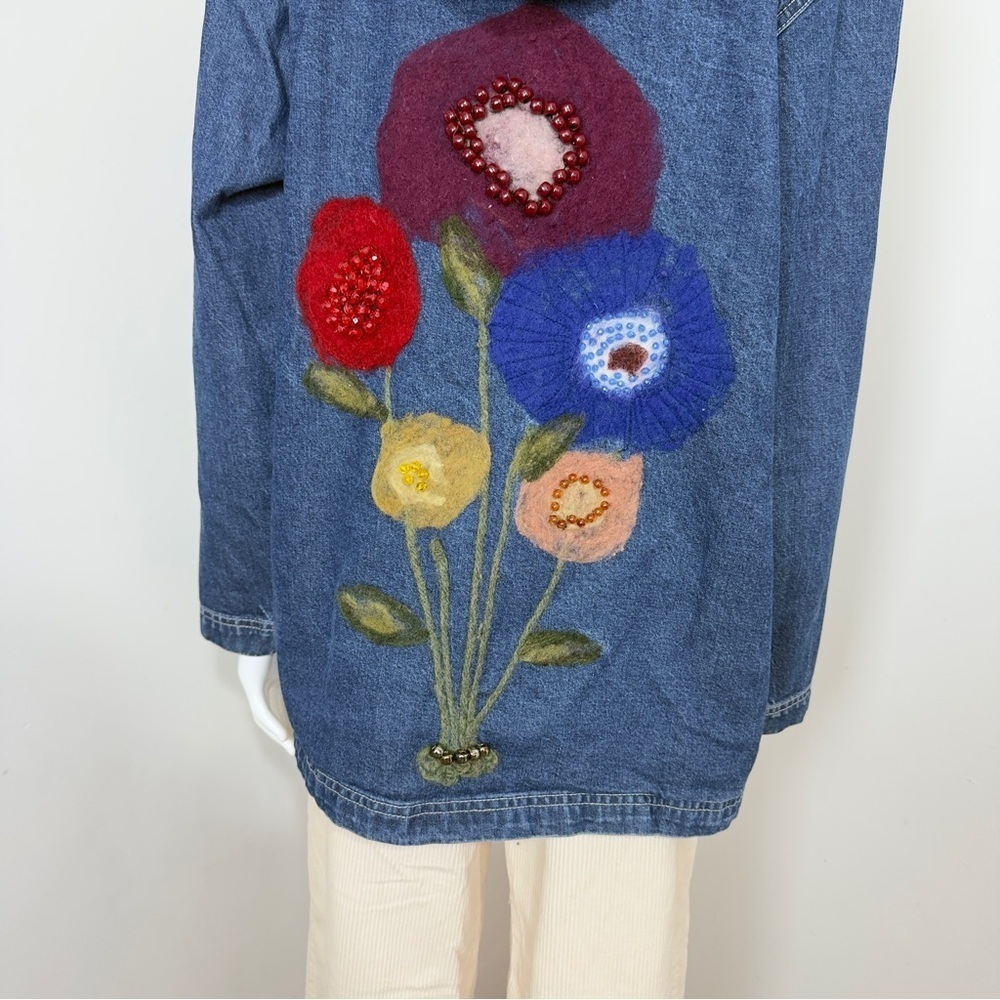 Keren Hart Women’s Denim Jacket Size L – Floral & Stone Accents, Deep Pockets - Picture 5 of 14